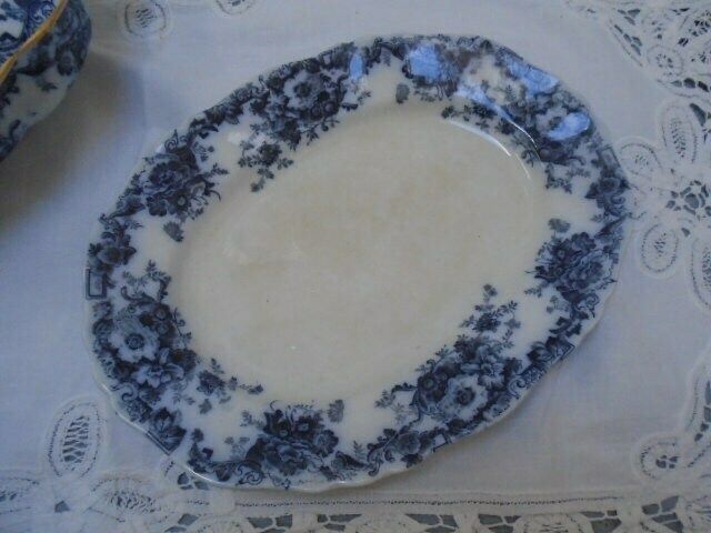 photo furniture Antique Adderley English White And Blue Floral Ironstone Serving Plate, Oval Dish, Eton Indigo Blue