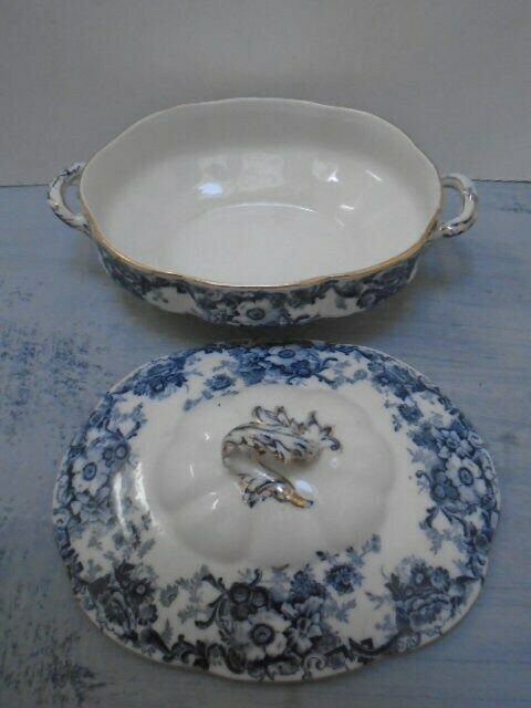 Antique Adderley English White And Blue Floral Ironstone Tureen, Oval Lidded Serving Dish, Eton Indigo Blue photo furniture