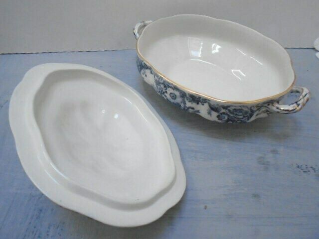 Antique Adderley English White And Blue Floral Ironstone Tureen, Oval Lidded Serving Dish, Eton Indigo Blue photo vintage