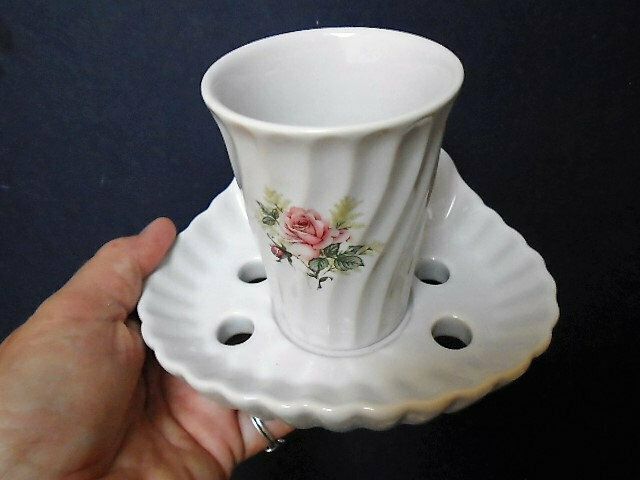 Vintage French White Porcelain Shell Tooth Brush Holder And Beaker, Wall Mountable With Pink Rose Motif