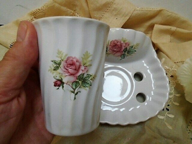 Vintage French White Porcelain Shell Tooth Brush Holder And Beaker, Wall Mountable With Pink Rose Motif photo furniture