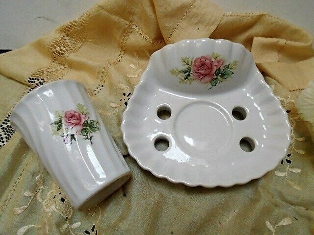 Vintage French White Porcelain Shell Tooth Brush Holder And Beaker, Wall Mountable With Pink Rose Motif photo Home Decor
