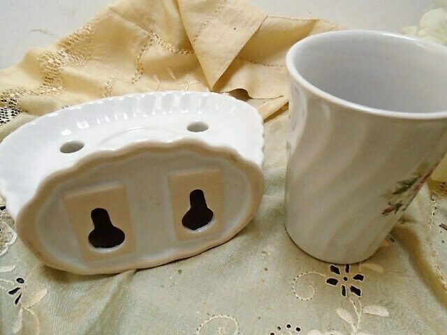 Vintage French White Porcelain Shell Tooth Brush Holder And Beaker, Wall Mountable With Pink Rose Motif photo buy