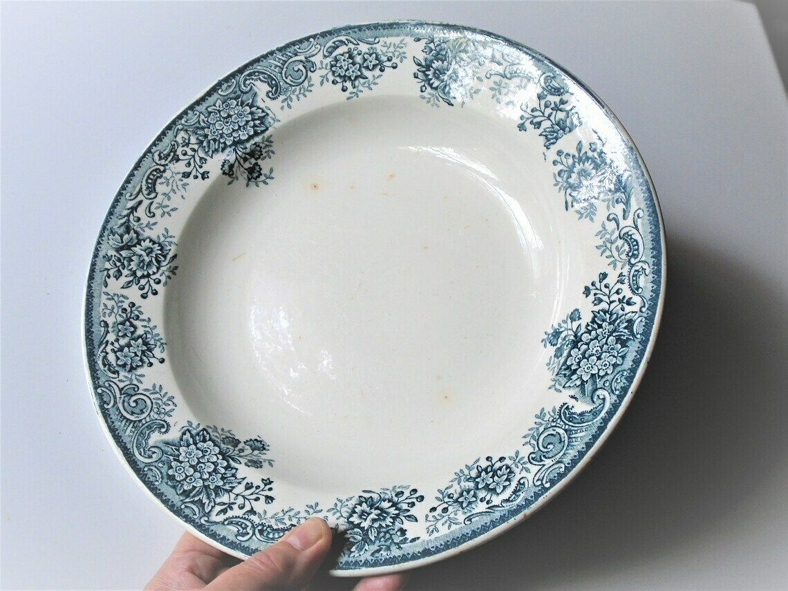 Antique French Ironstone Cream And Green Blue Transferware Serving Dish St. Amandinoise Printania photo furniture