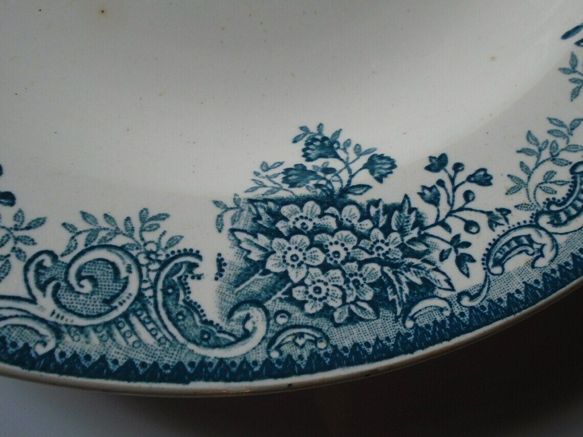 Antique French Ironstone Cream And Green Blue Transferware Serving Dish St. Amandinoise Printania photo for sale