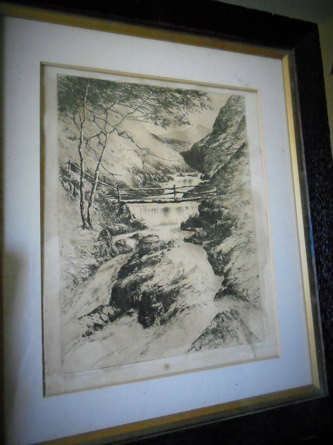 Framed Antique Black And White Lithograph Entitled Watersmeet Lynmouth Signed By Artist England photo Art