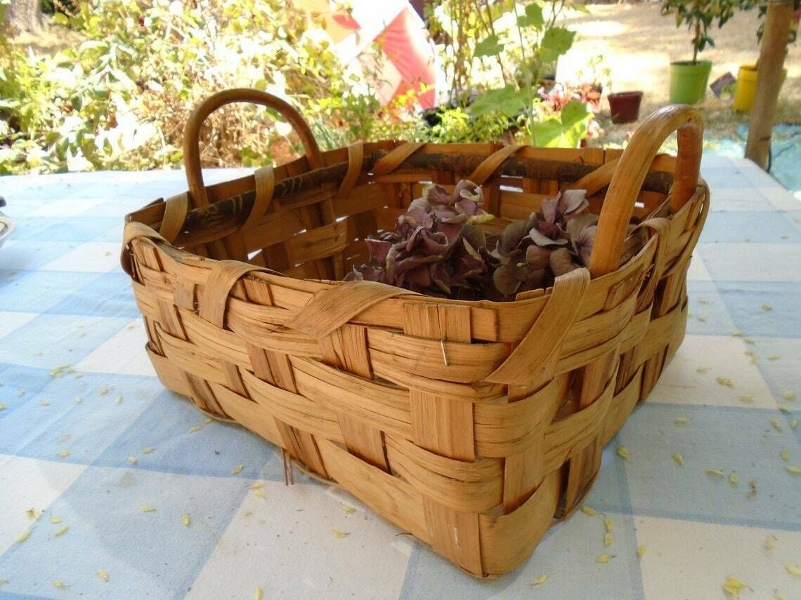 Vintage French Square Rattan  Wicker Woven Wood Basket Split Oak Splint Basket