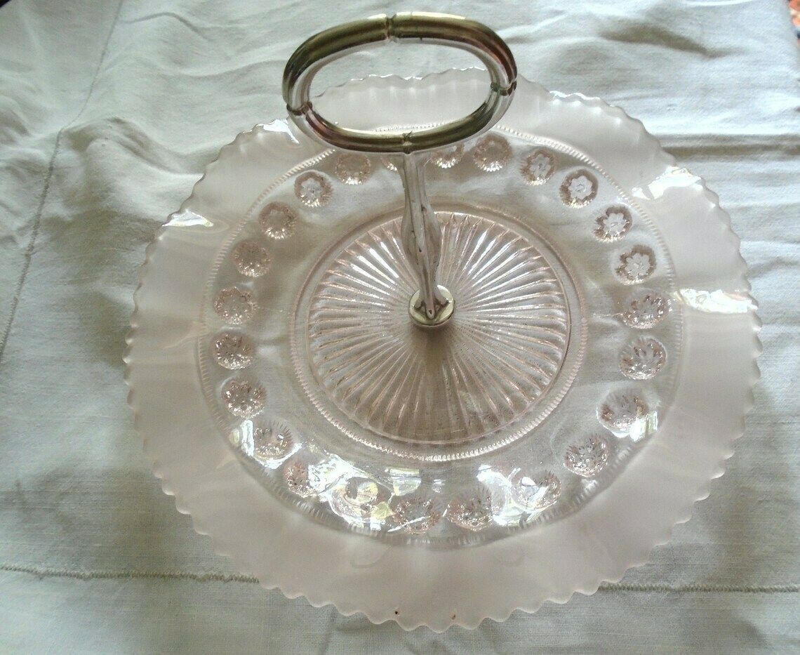 Beautiful French Vintage Pale Pink Depression Glass Cake Or Sandwich Stand photo furniture