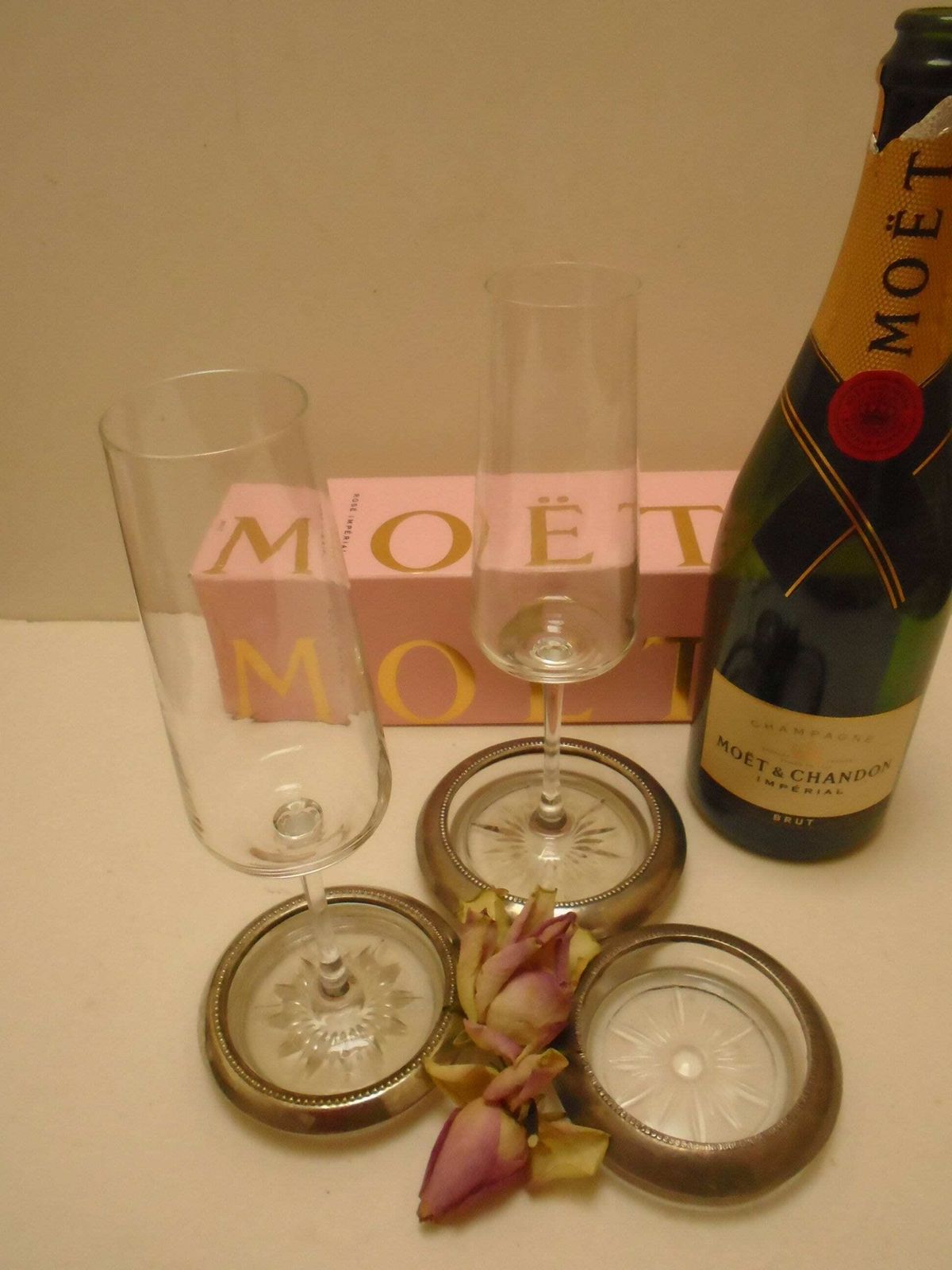 Vintage Silver Plated Glass Coaster Set, Wine Bottle And Glasses Coasters, Starburst Glass Coasters photo vinterior
