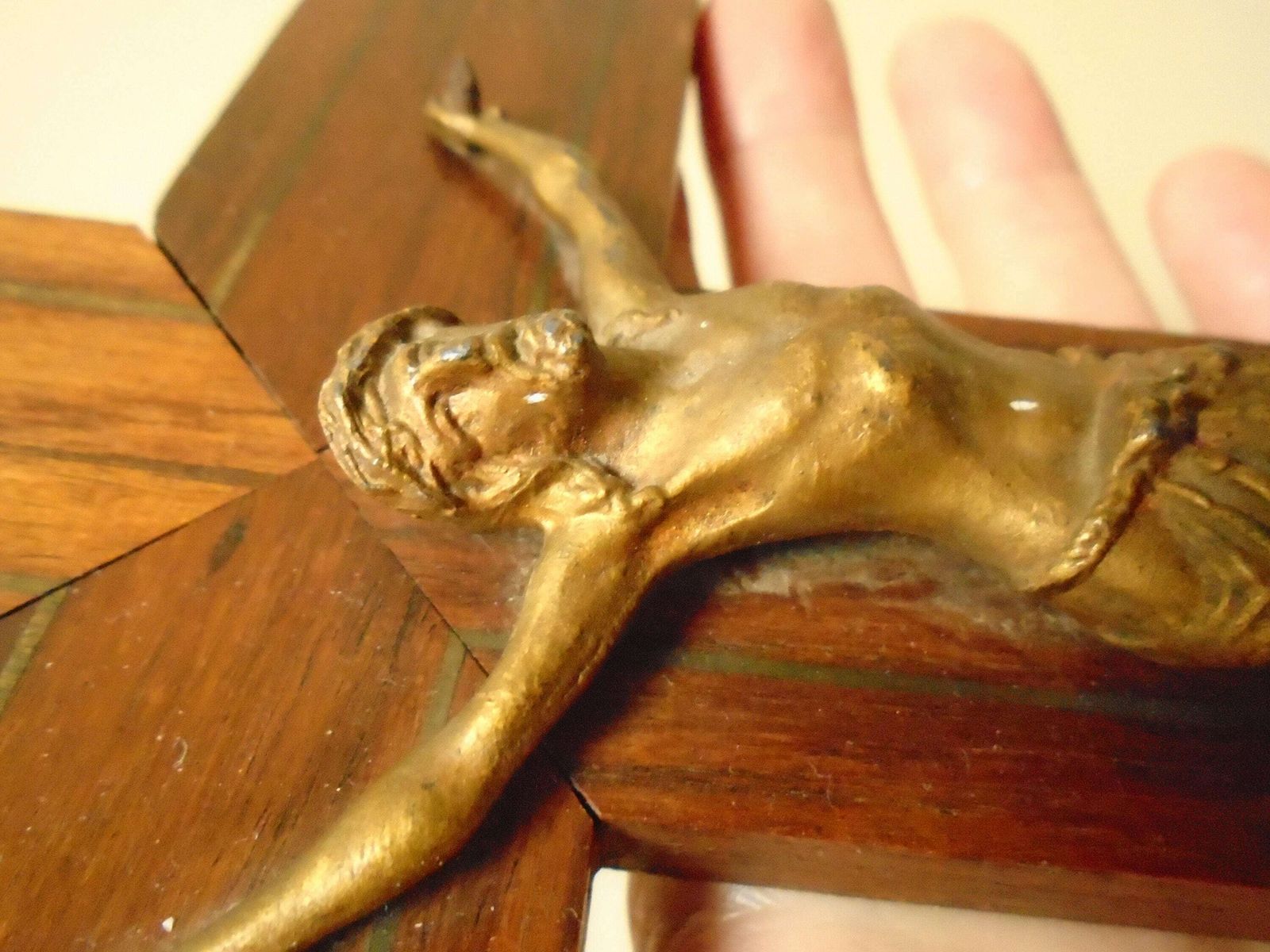 Antique French Art Deco Inlaid Wood Wall Crucifix With Bronze Corpus Of Christ photo furniture
