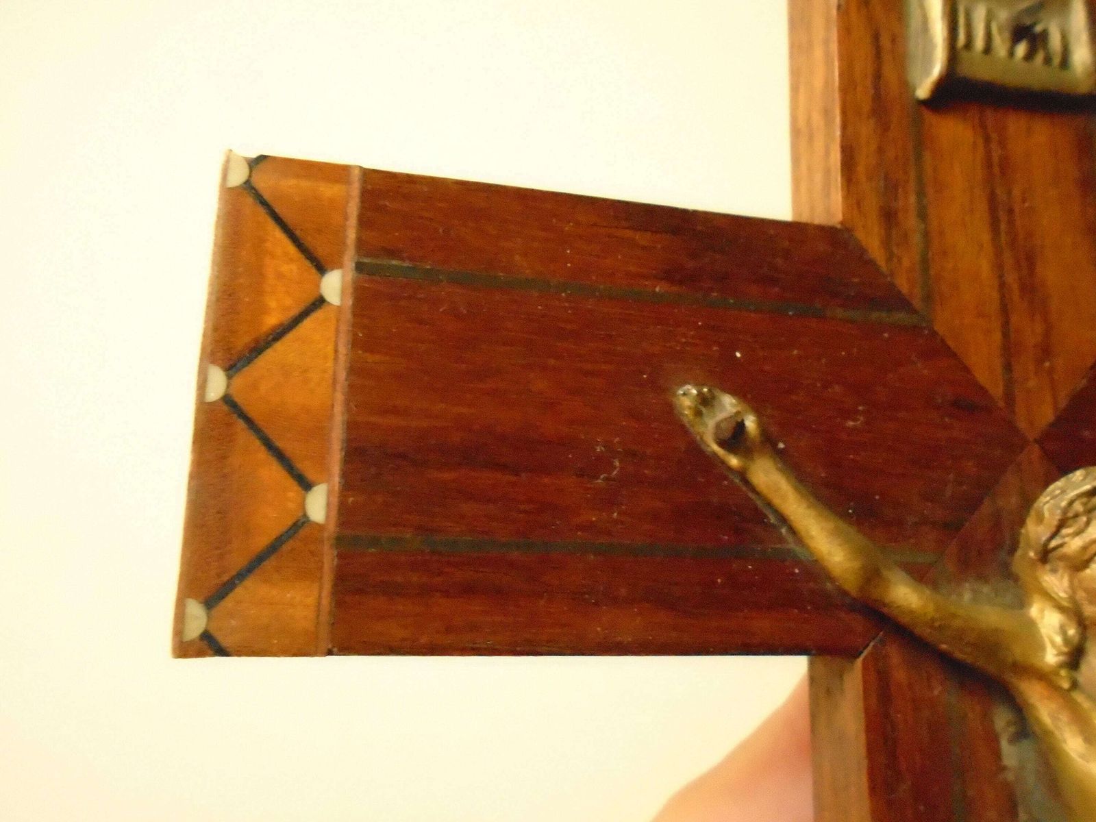 Antique French Art Deco Inlaid Wood Wall Crucifix With Bronze Corpus Of Christ photo Art