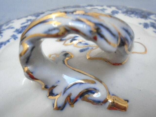 Antique Adderley English White And Blue Floral Ironstone Tureen, Oval Lidded Serving Dish, Eton Indigo Blue photo for sale