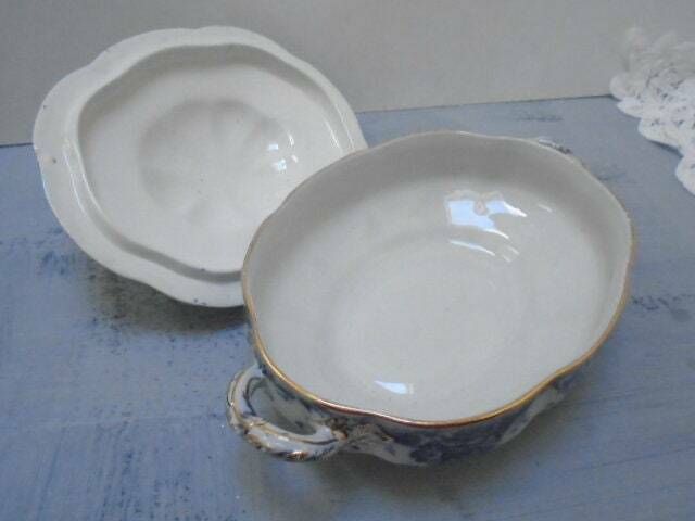 Antique Adderley English White And Blue Floral Ironstone Tureen, Oval Lidded Serving Dish, Eton Indigo Blue photo 72.0