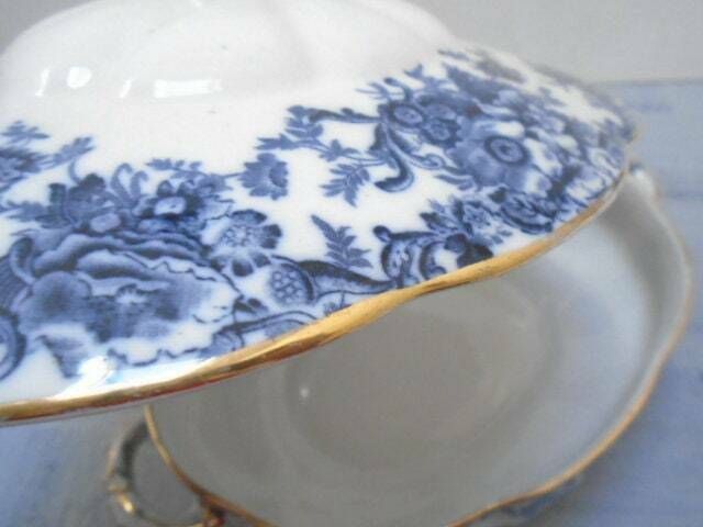 Antique Adderley English White And Blue Floral Ironstone Tureen, Oval Lidded Serving Dish, Eton Indigo Blue photo vinterior