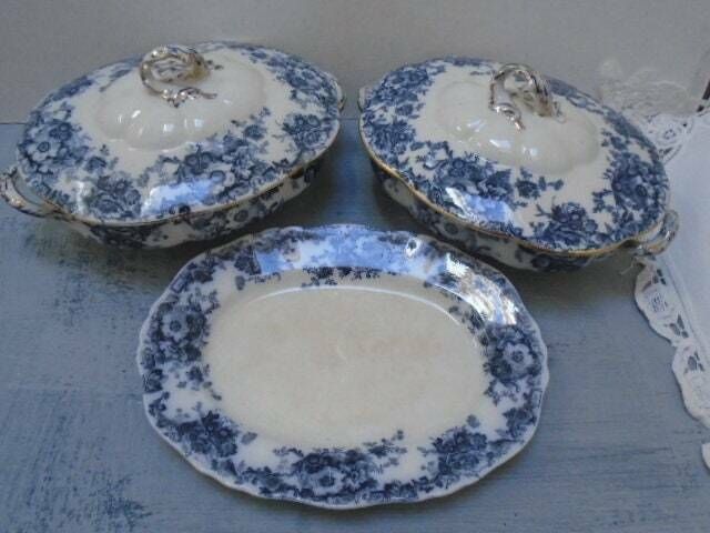 photo for sale Antique Adderley English White And Blue Floral Ironstone Tureen, Oval Lidded Serving Dish, Eton Indigo Blue