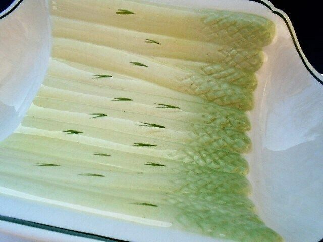 Vintage French Asparagus Serving Dish, Cream And Pale Green Table Decor, Salins, France photo for sale