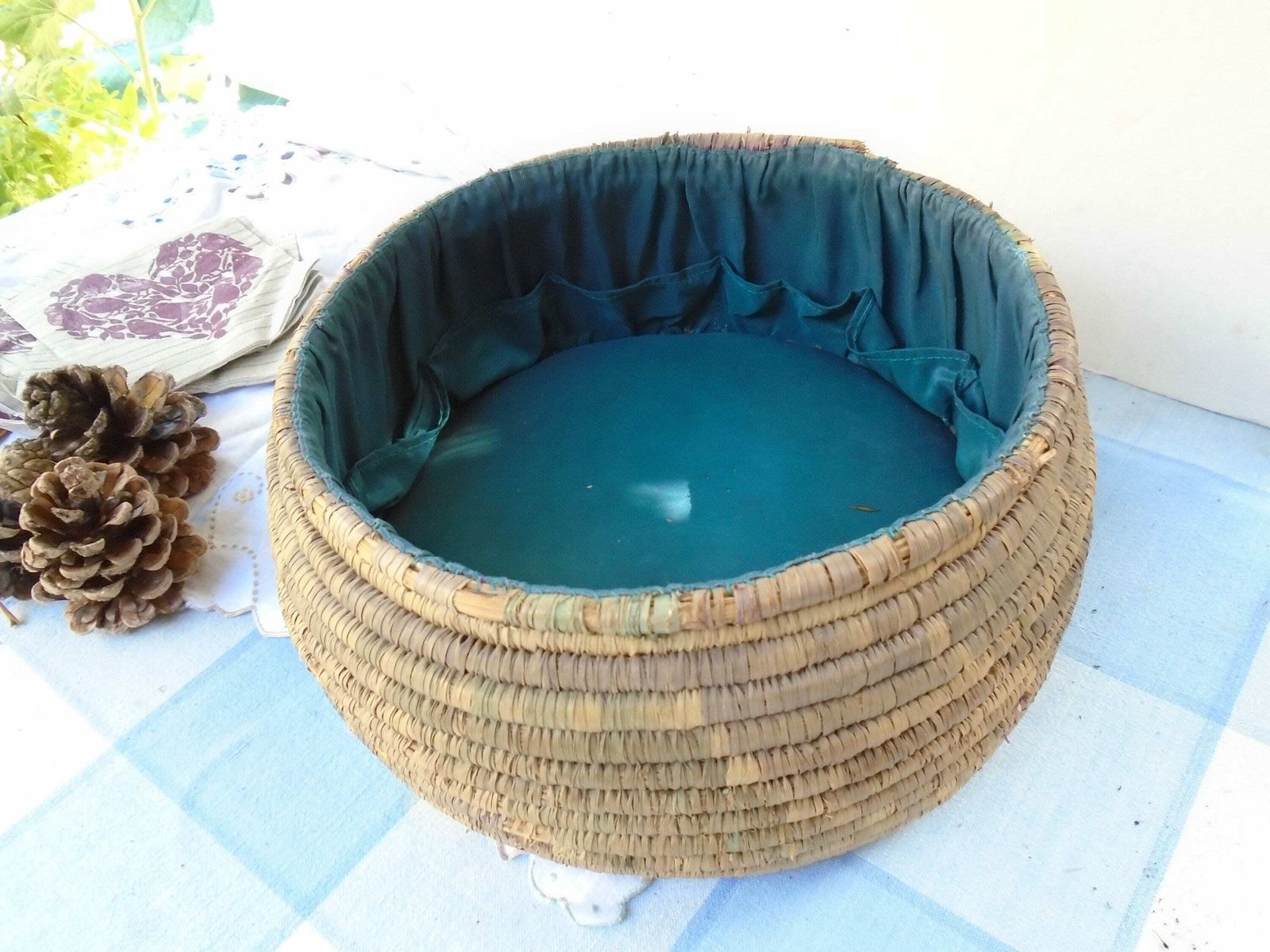 Vintage French Rye Coiled Straw Basket, Rye Straw Basket, Basket With Inner Pockets, Sewing Basket, photo furniture