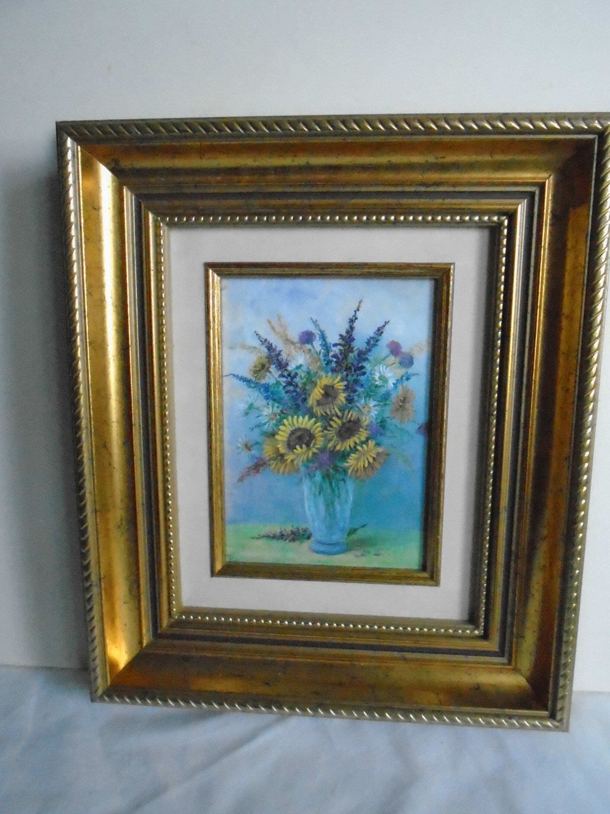 Beautiful Vintage Original Oil Painting , Signed M. Schwab, Artist, Framed, On Canvas, Sunflowers And Purple Spires photo vinterior