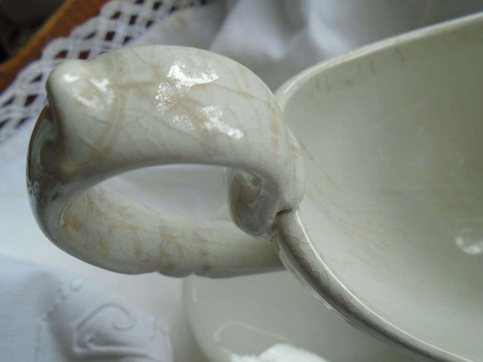 Beautiful Antique French Ironstone Choisy Le Roi Sauciere / Sauce Boat, Glazed Cream, Saucer Attached photo furniture