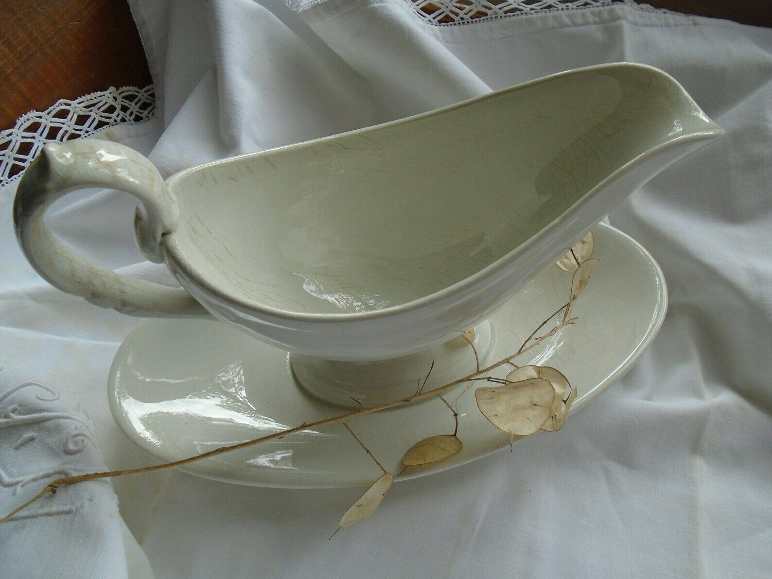 photo for sale Beautiful Antique French Ironstone Choisy Le Roi Sauciere / Sauce Boat, Glazed Cream, Saucer Attached
