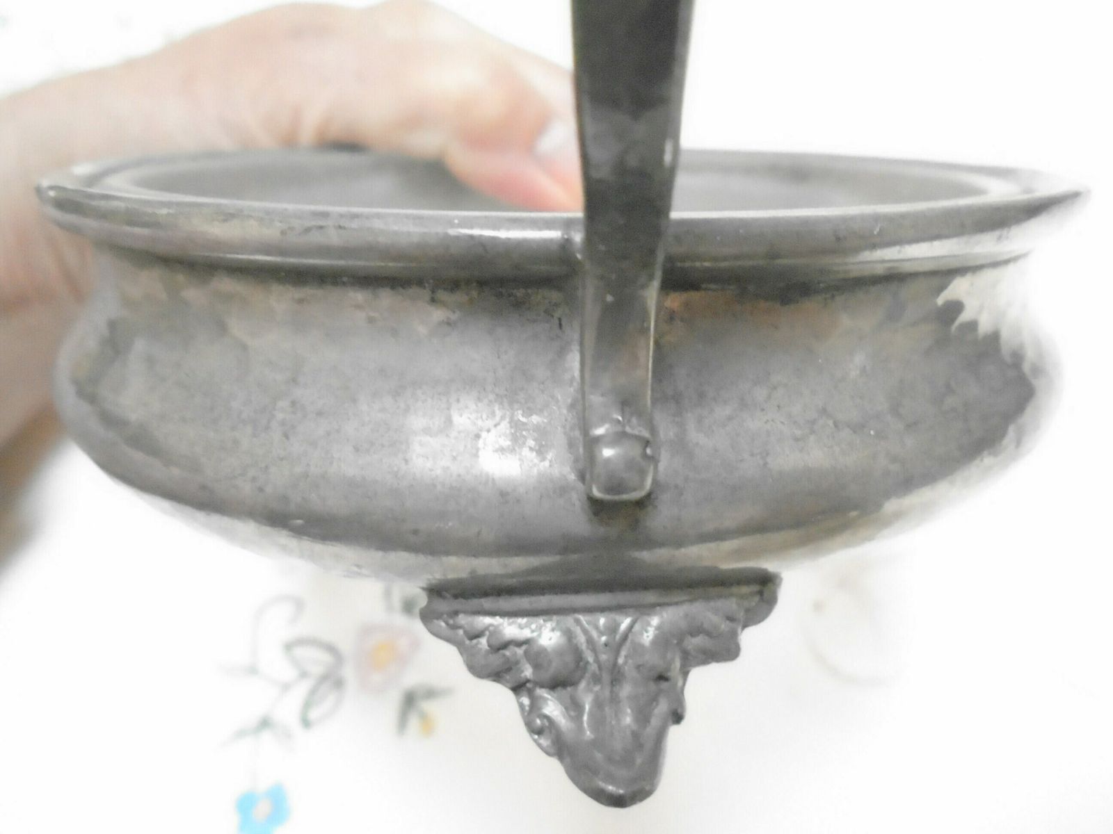 Antique English Craftsman Pewter Bottle Holder, Wine Bottle Coaster, Hammered Pewter Gift, Condiment Server photo furniture