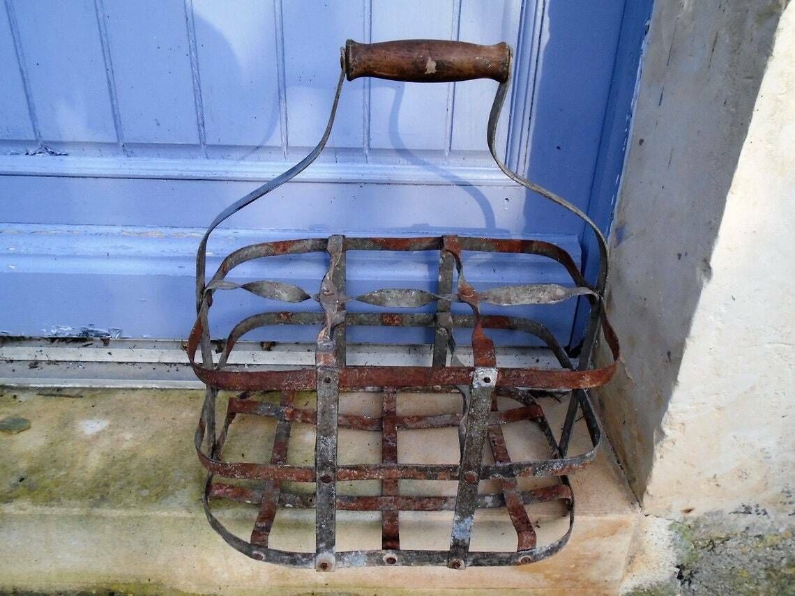 Antique French Galvanized Zinc 6 Bottle Carrier, Tall Metal Bottle Carrying Rack, Rustic Kitchen Rack, Industrial Kitchen photo furniture