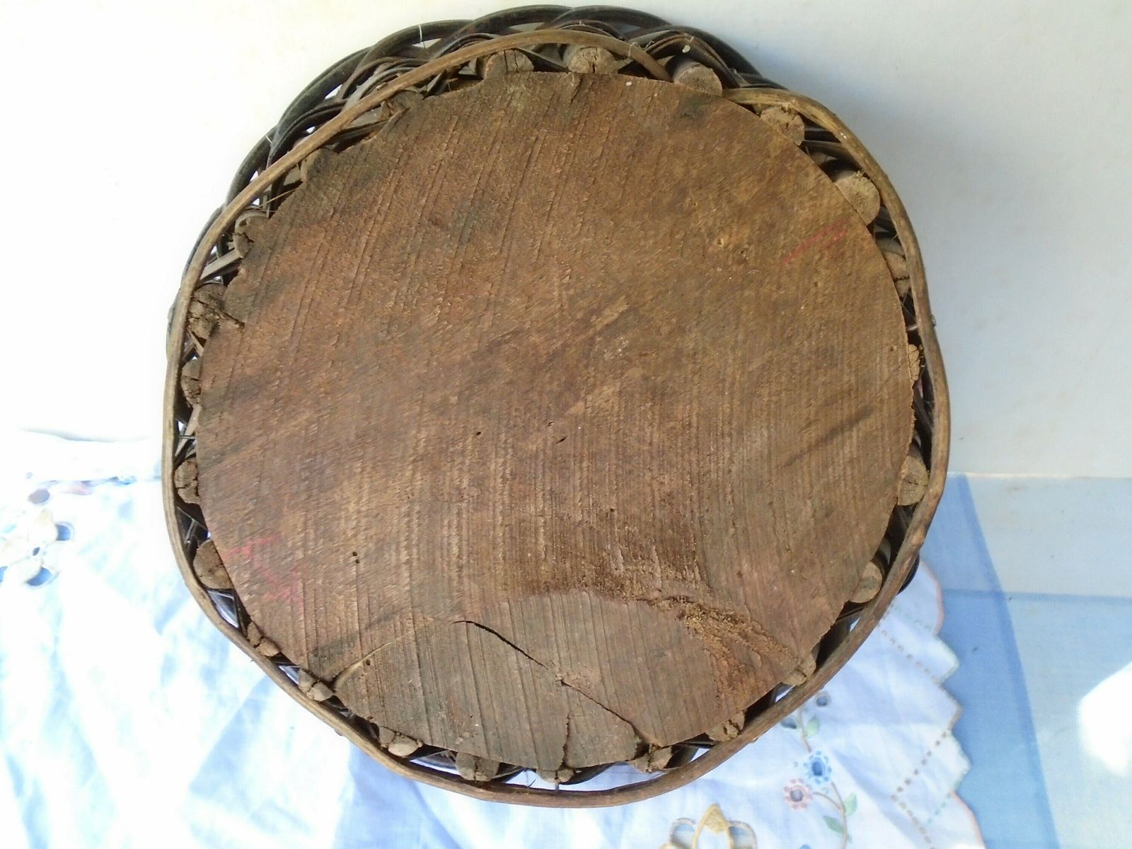 photo furniture Vintage French Wood Woven Basket, 1940s, Lined With Fabulous Fabric And Crochet Wool Flowers