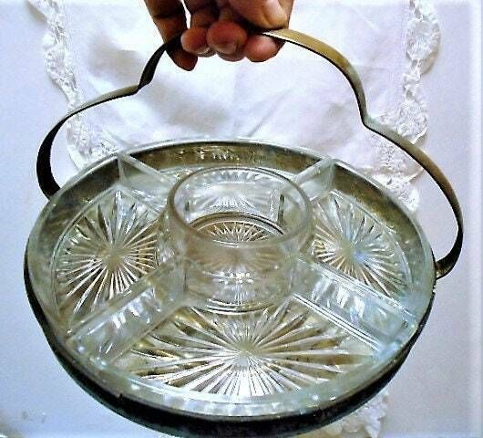Antique French Art Deco Aperitif Snack Tray, 5 Glass Serving Dishes, Olive And Nut Server
