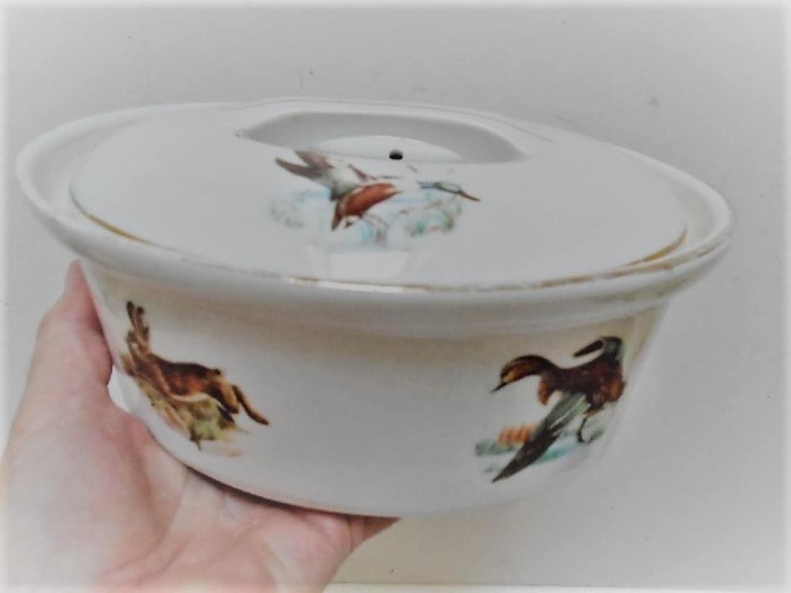 Vintage French White Apilco Lidded Terrine With Rabbits And Game Birds, Country Style Casserole Dish photo vintage