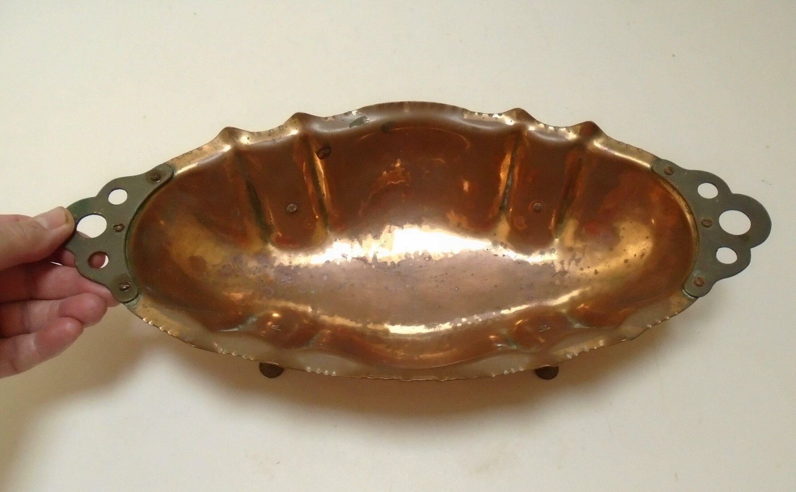 Antique French Copper Rustic Footed Jardiniere Planter, Rustic Copper Fruit And Nut Bowl, Farmhouse Copper Decor photo vintage