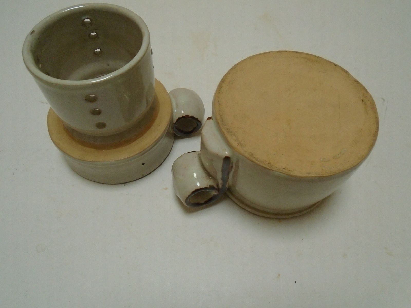 French Stone Butter Crock, Butter Keeper Dish, Stoneware Butter Container Or Cheese Mold Drainer photo for sale
