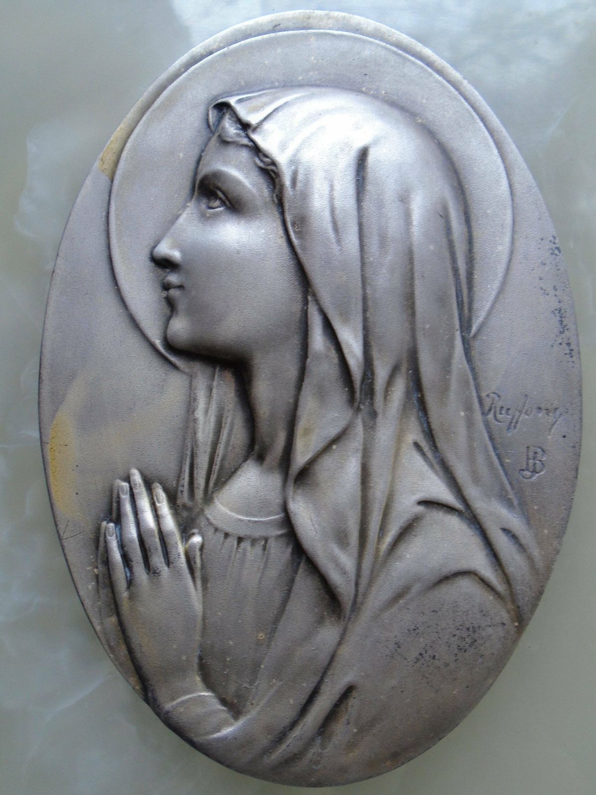Antique Large French Art Deco Marble Benitier / Holy Water Font, Virgin Mary, Signed By Artist, Glass Font, Ruffony photo furniture