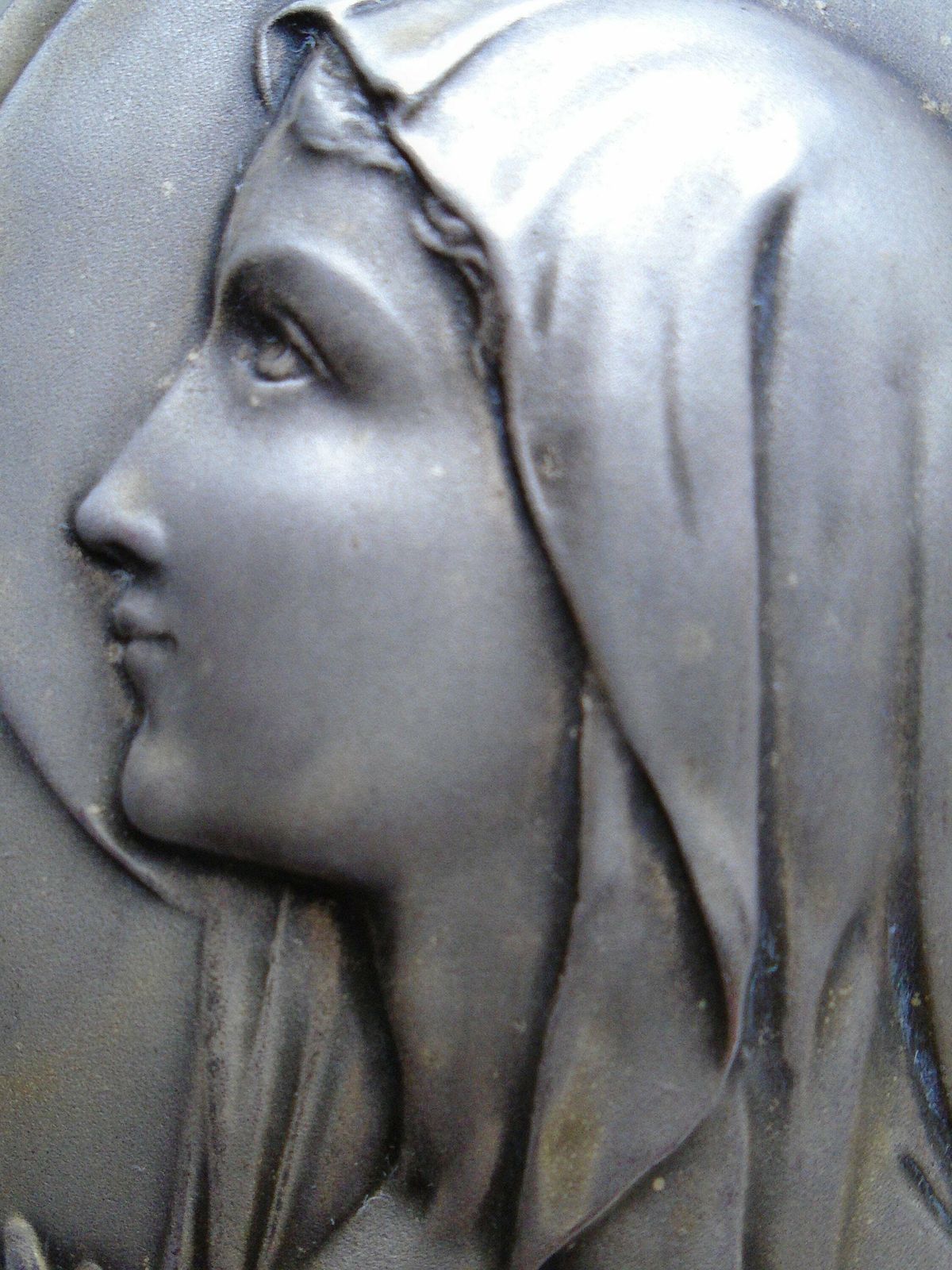 Antique Large French Art Deco Marble Benitier / Holy Water Font, Virgin Mary, Signed By Artist, Glass Font, Ruffony photo for sale