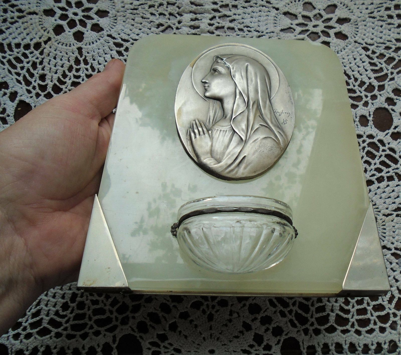 photo for sale Antique Large French Art Deco Marble Benitier / Holy Water Font, Virgin Mary, Signed By Artist, Glass Font, Ruffony