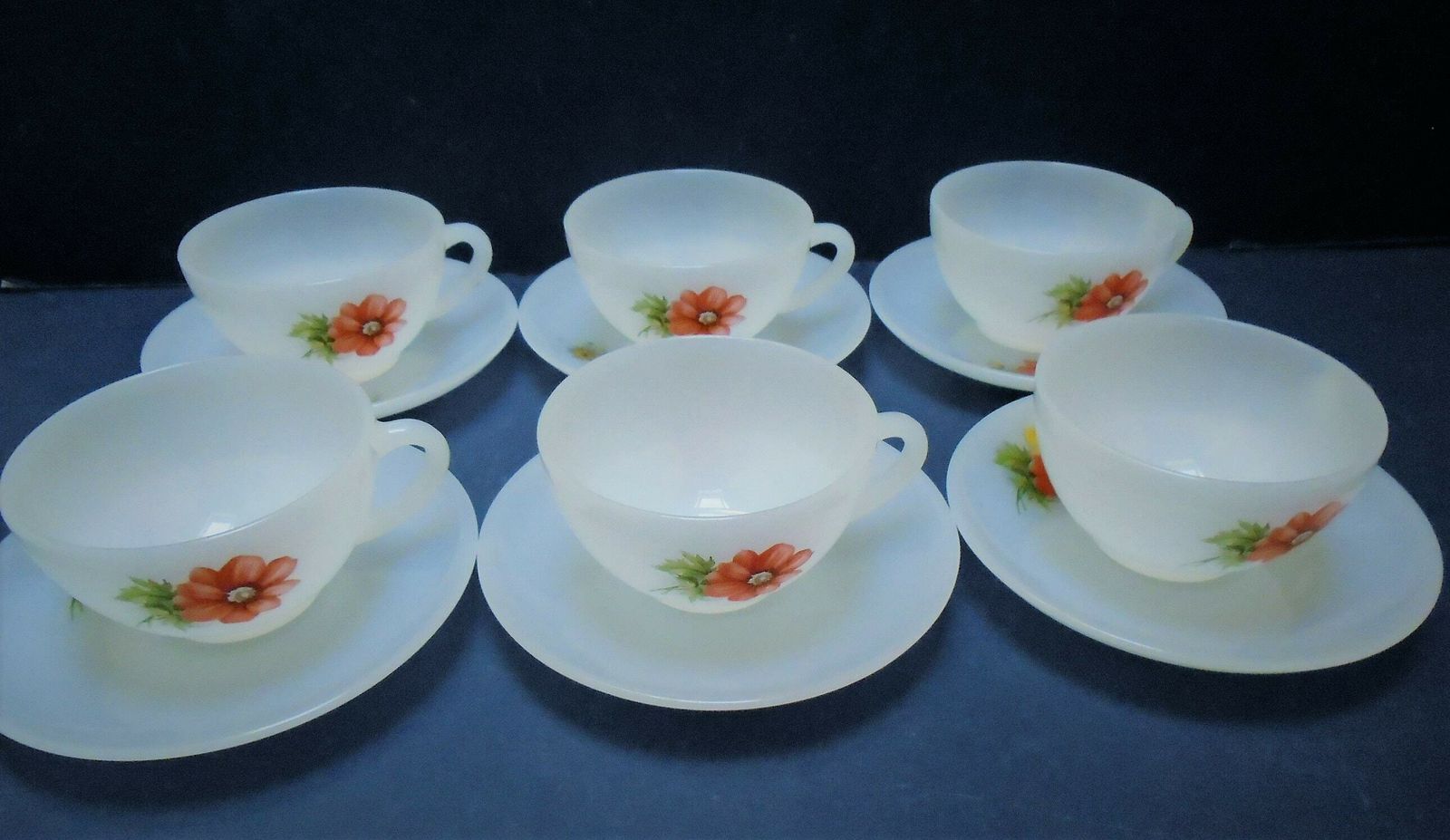 photo for sale Set Of 6 Vintage French Arcopal Cup And Saucers, Floral Design, Red Flower, Anemone Design