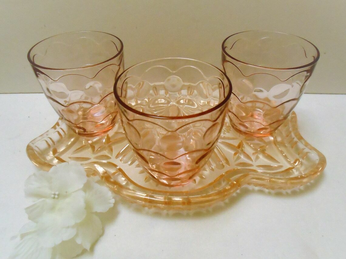 French Art Deco Pressed Glass Tray With 3 Glasses, Peach Salmon Depression Glass Barware Set, Dressing Table Water Glasses