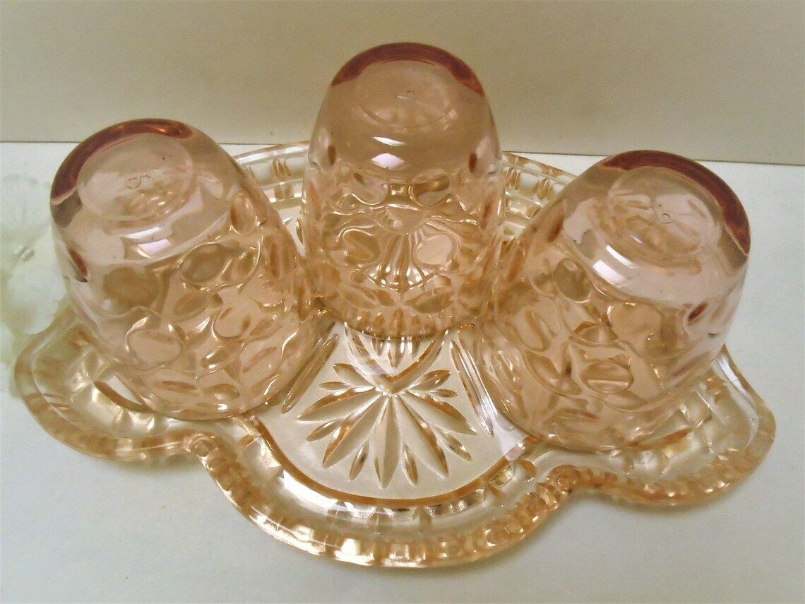 French Art Deco Pressed Glass Tray With 3 Glasses, Peach Salmon Depression Glass Barware Set, Dressing Table Water Glasses photo furniture