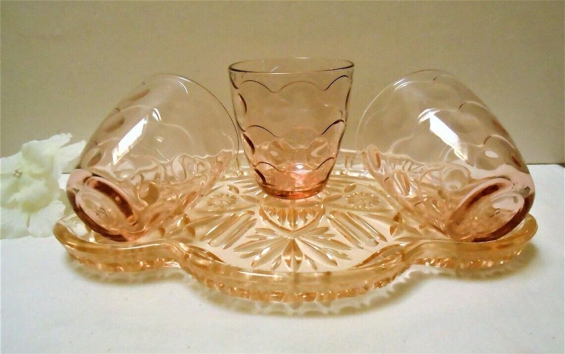 French Art Deco Pressed Glass Tray With 3 Glasses, Peach Salmon Depression Glass Barware Set, Dressing Table Water Glasses photo 81.0