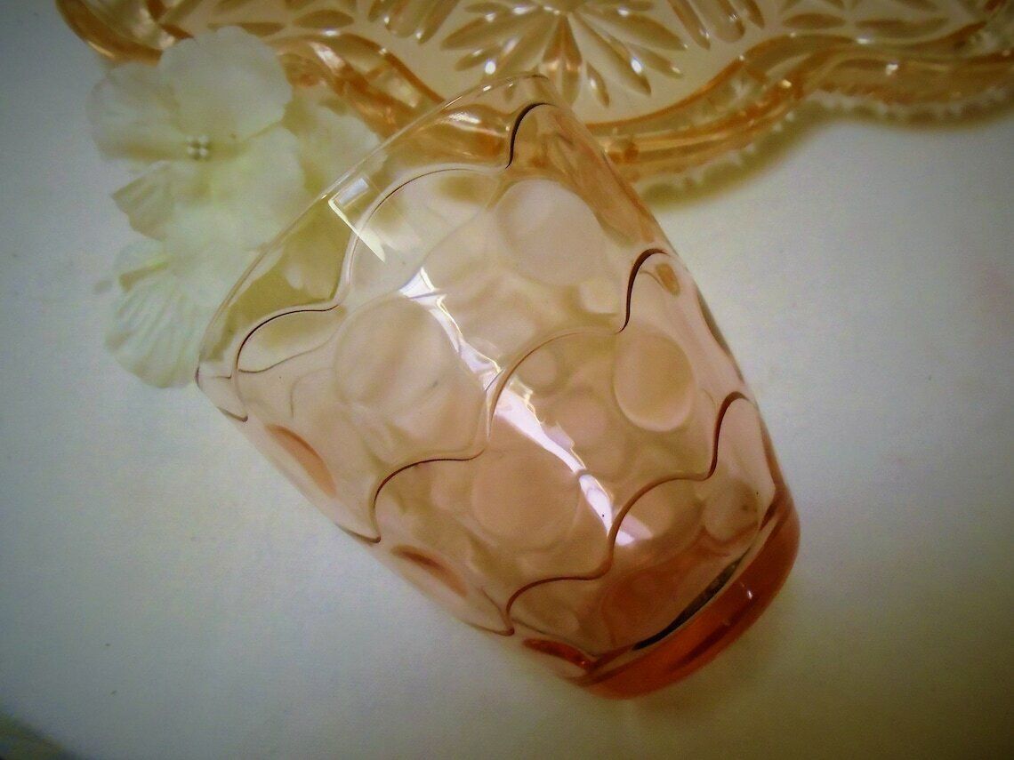 French Art Deco Pressed Glass Tray With 3 Glasses, Peach Salmon Depression Glass Barware Set, Dressing Table Water Glasses photo vintage