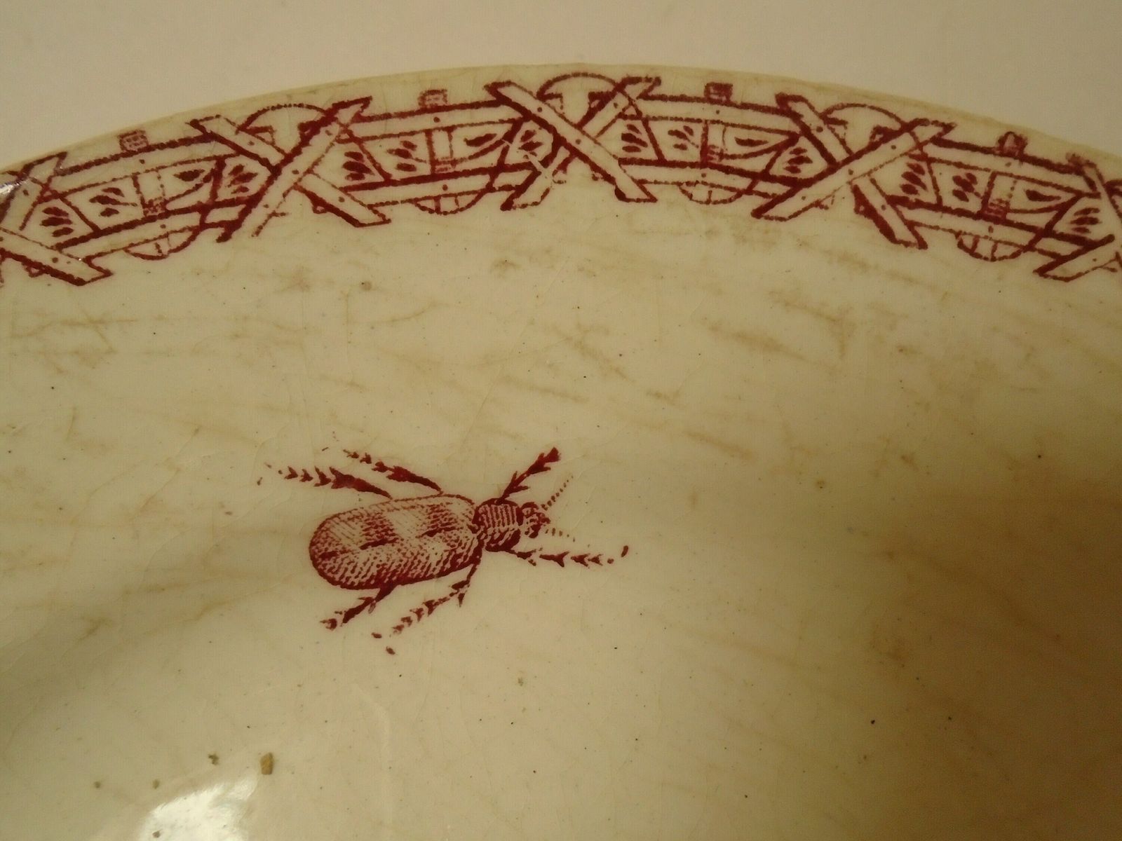 One Antique French Choisy Le Roi Ironstone Side Plate Dish, Red Transferware, 1800s, Plum Design With Insects, Fruit Plate photo for sale