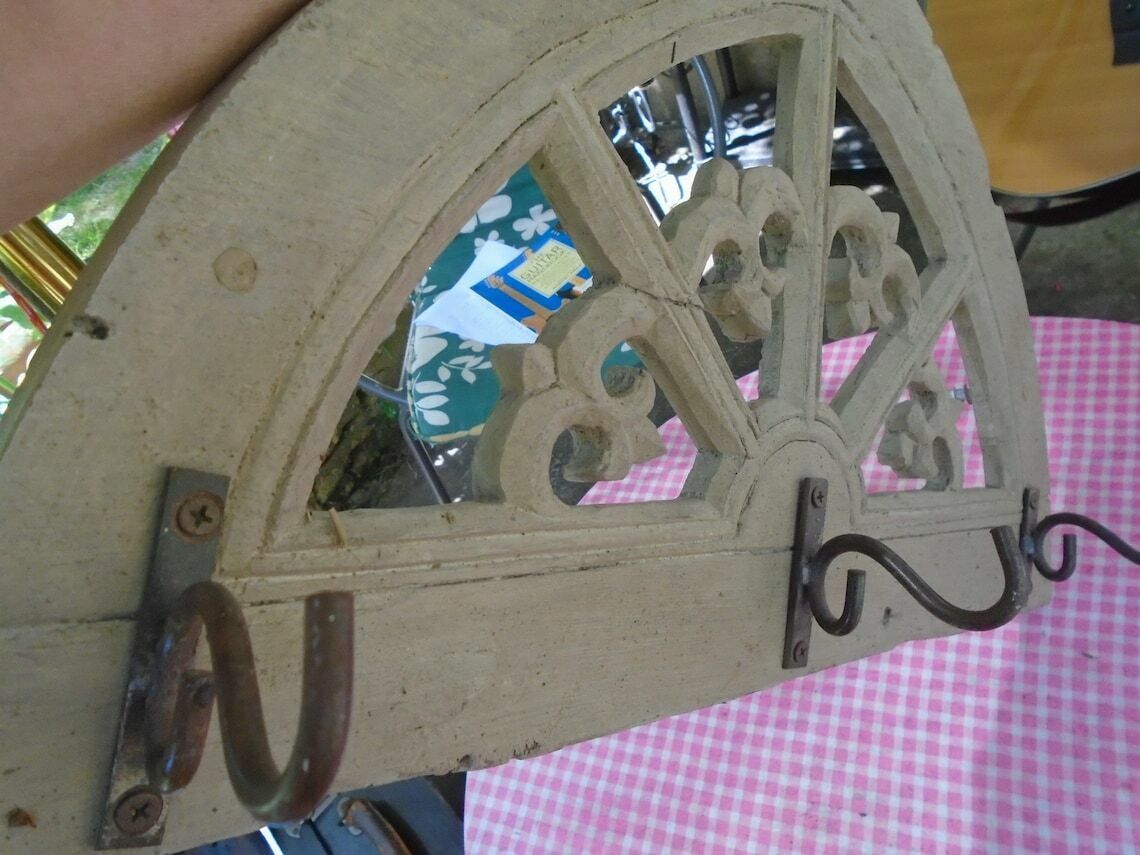 Antique French Hand Carved Fleur De Lys Wood Coat Rack, Wrought Iron Hooks, Rustic Shabby Chic Coat / Hat Rack photo vintage