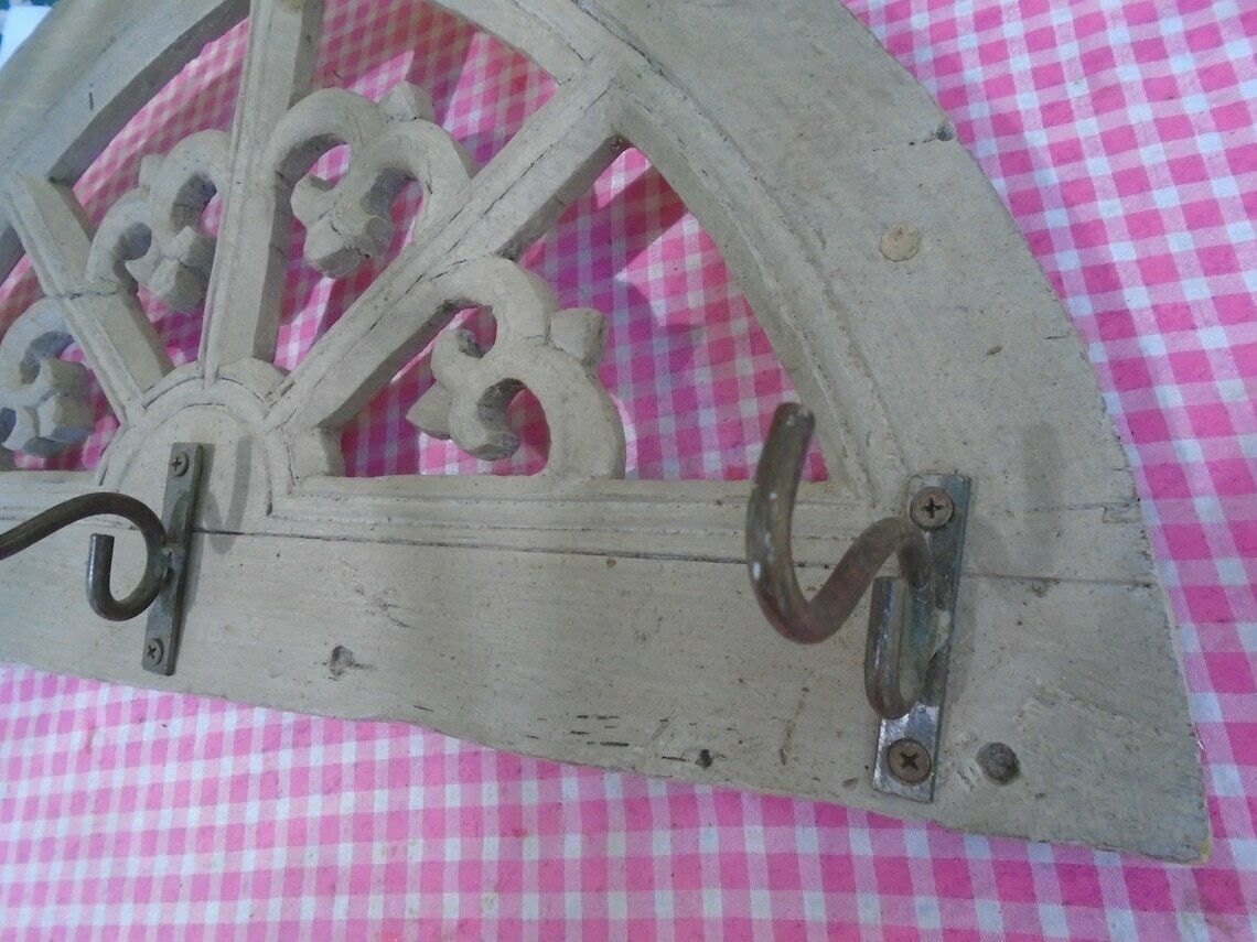 photo furniture Antique French Hand Carved Fleur De Lys Wood Coat Rack, Wrought Iron Hooks, Rustic Shabby Chic Coat / Hat Rack