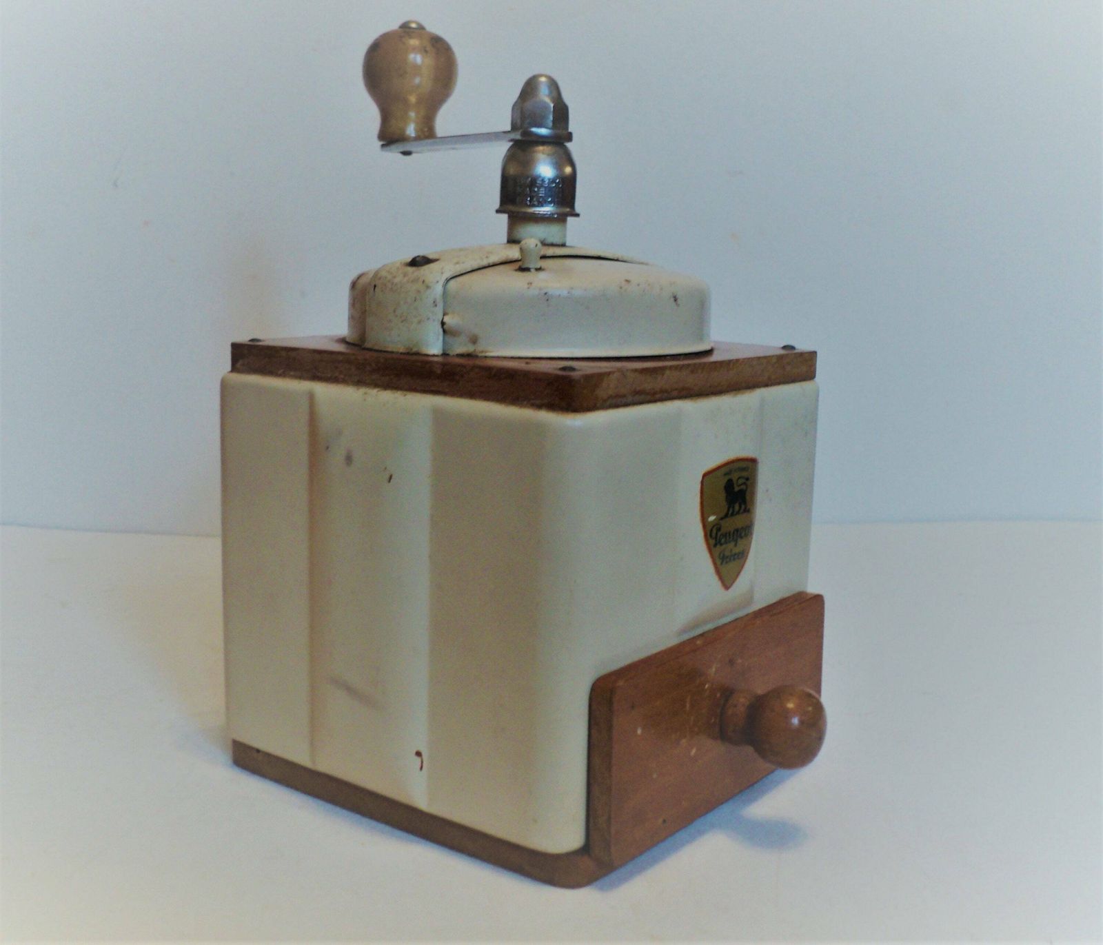 Antique French Peugot Freres Mechanical Coffee Grinder, Cream Metal Lid And Sides, Hand Made Wood Case With Drawer photo furniture