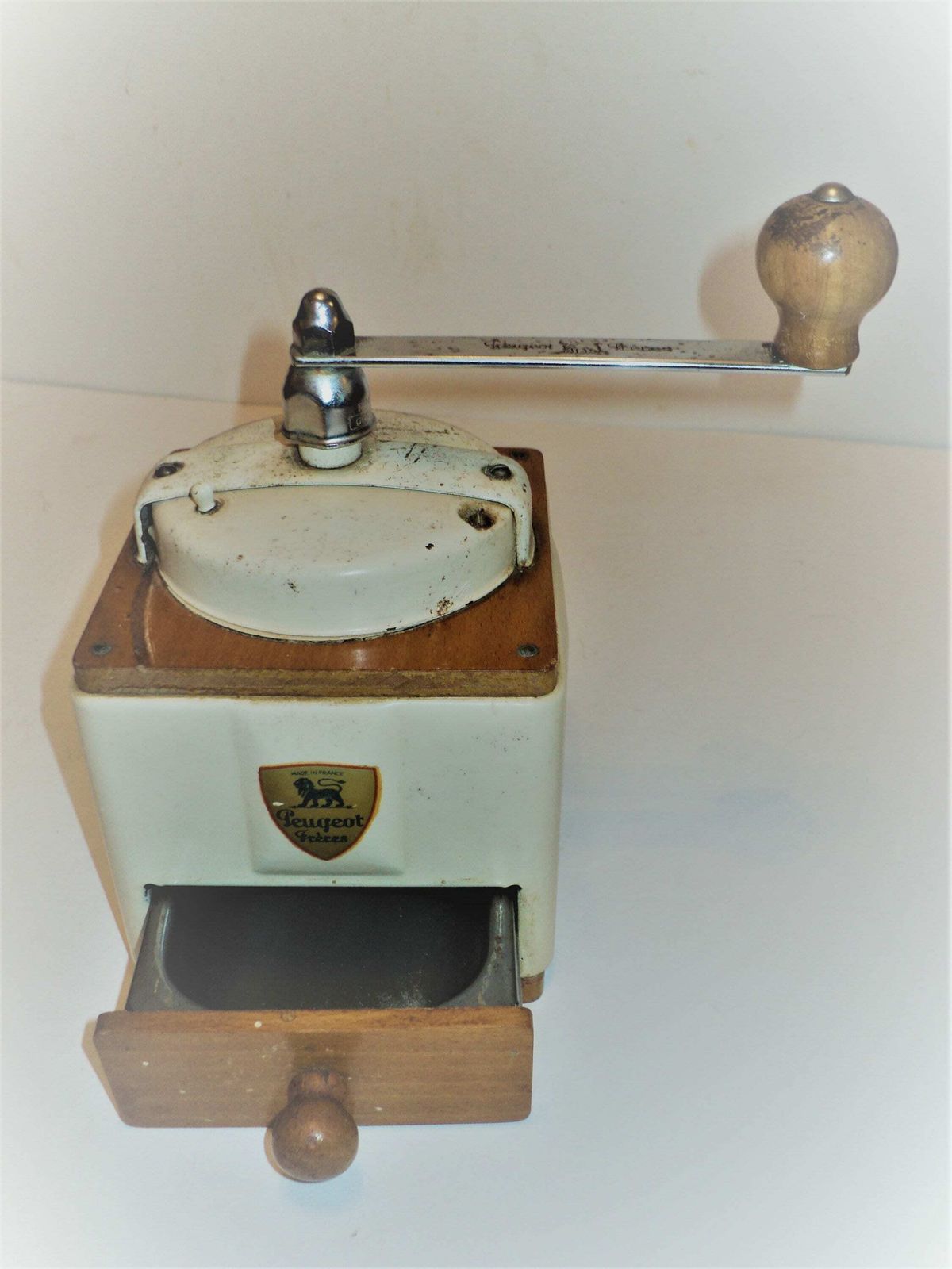 Antique French Peugot Freres Mechanical Coffee Grinder, Cream Metal Lid And Sides, Hand Made Wood Case With Drawer photo Home Decor