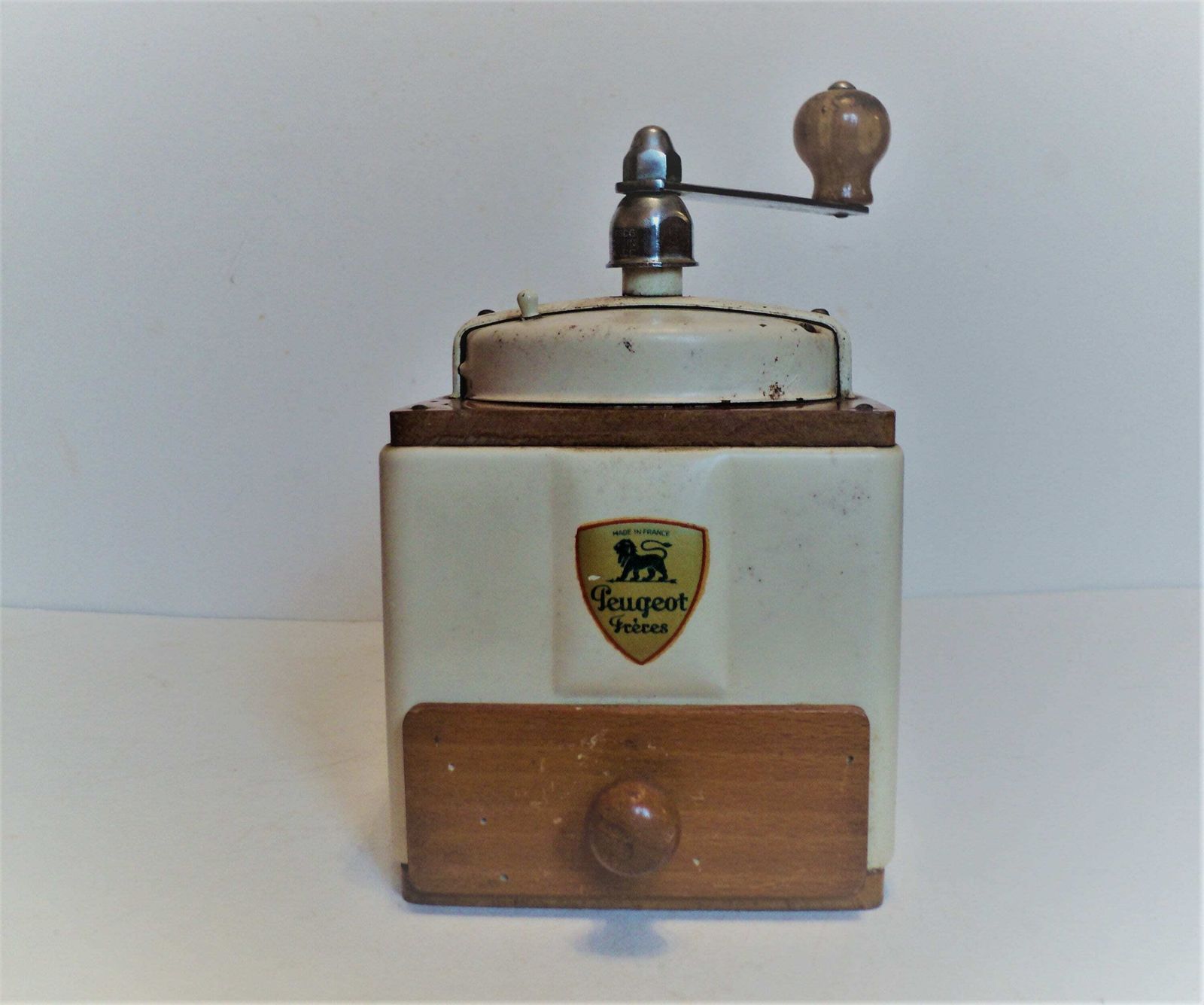 Antique French Peugot Freres Mechanical Coffee Grinder, Cream Metal Lid And Sides, Hand Made Wood Case With Drawer photo vintage