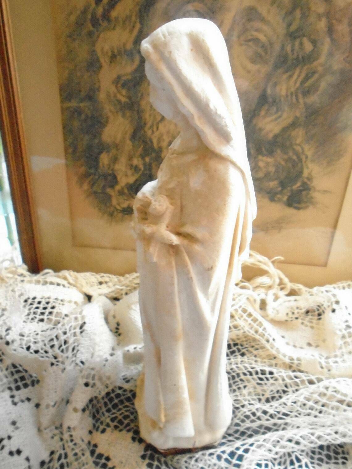 Antique French Antique French Plaster Of Paris St Therese Statue / 11" Tall Chalk Saint Therese Of Lisieux photo for sale