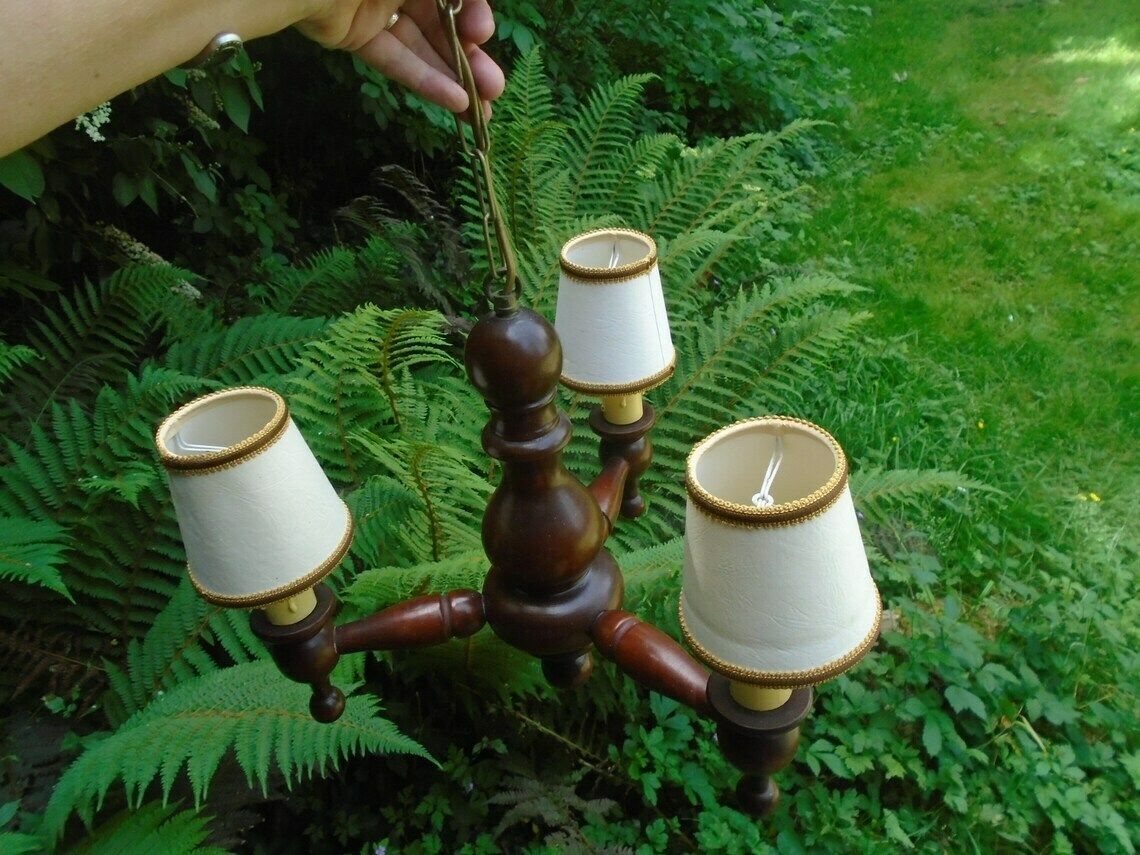 Vintage French Three Arm Wood Chandelier, 1960s, French Ceiling Light, Candlestick Style photo furniture