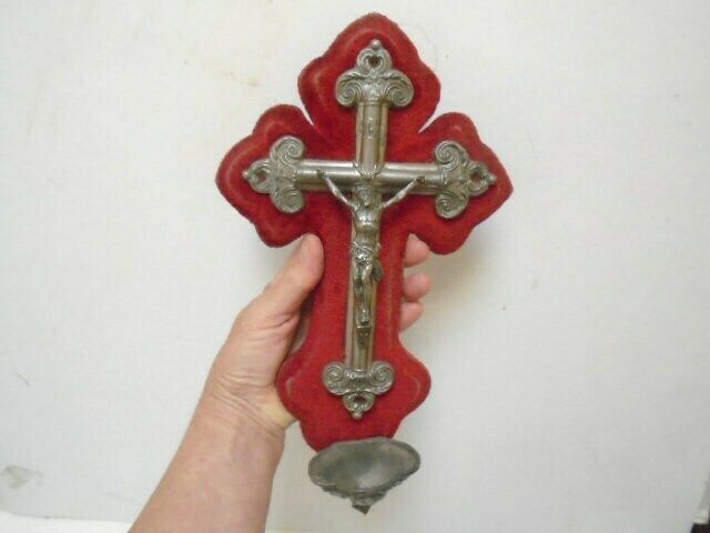 photo for sale Antique French Benitier With Silver Tone Crucifix On Timeworn Red Velvet