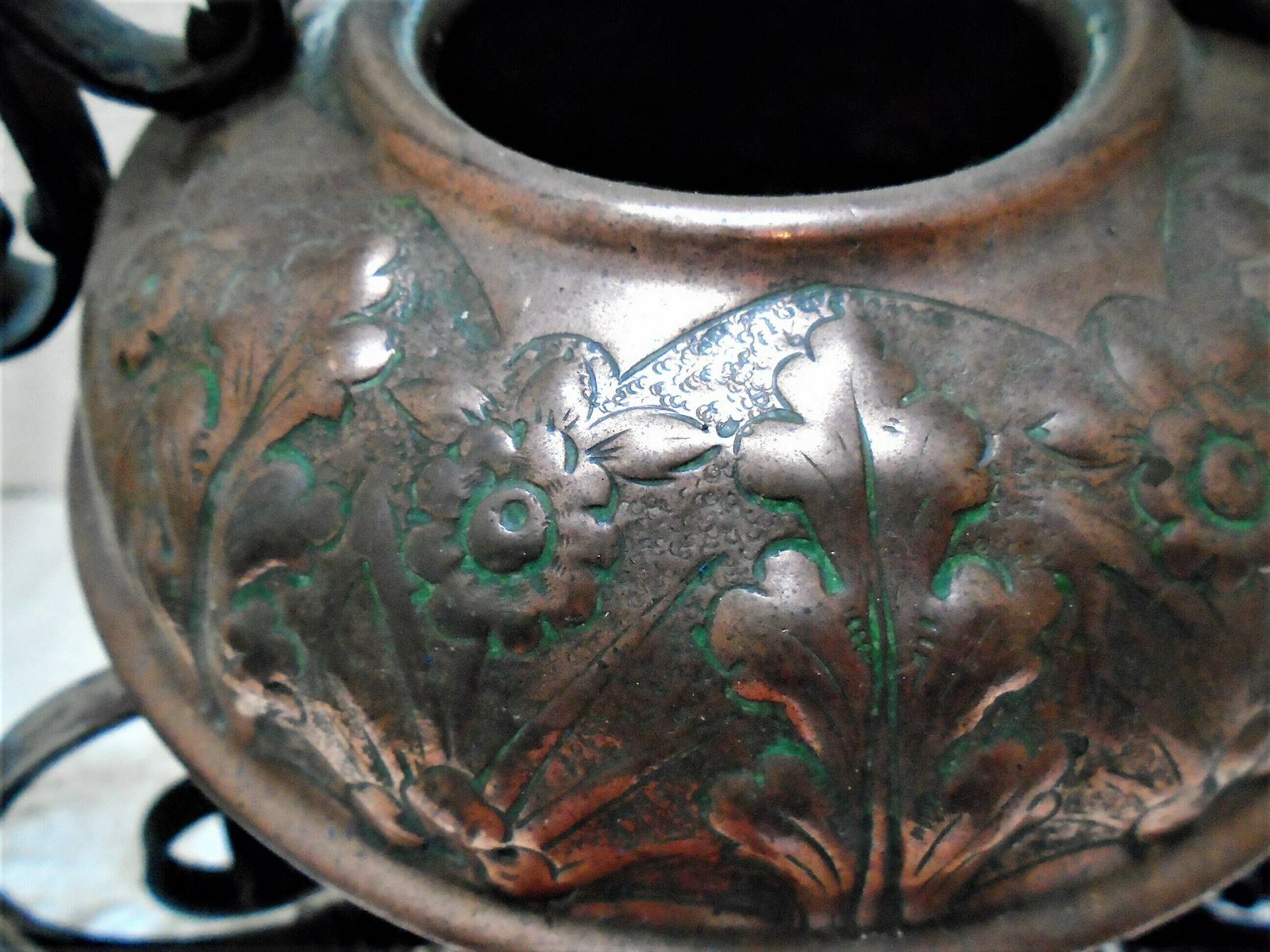 Vintage French Copper Teapot / Kettle On Black Wrought Iron Stand, Decorative Farmhouse Copper photo 82.0