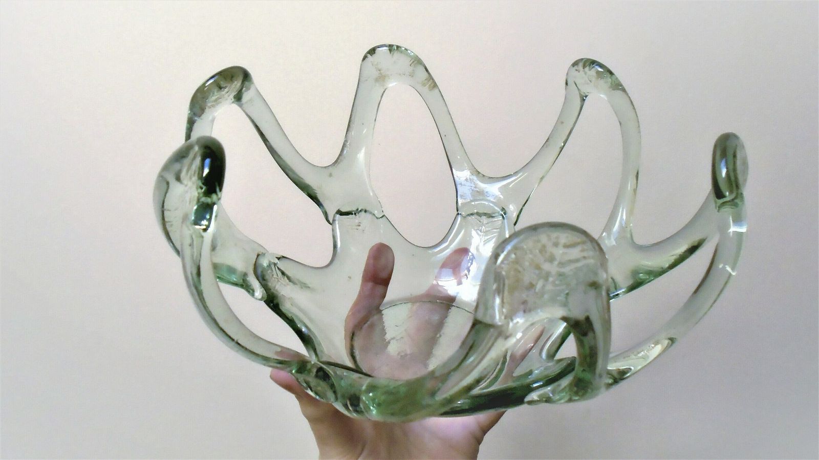 Beautiful Vintage French Transparent Pale Green Tinged Glass Bowl, Art Glass Gift, Fruit Bowl